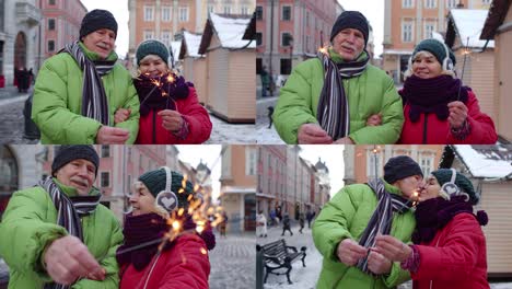 senior couple celebrating outdoors with sparkler