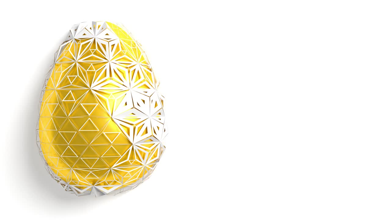поверхность золотого яйца с белыми трехмерными трехмерными геометрическими узорами разных размеров, которые составляют сетку.
