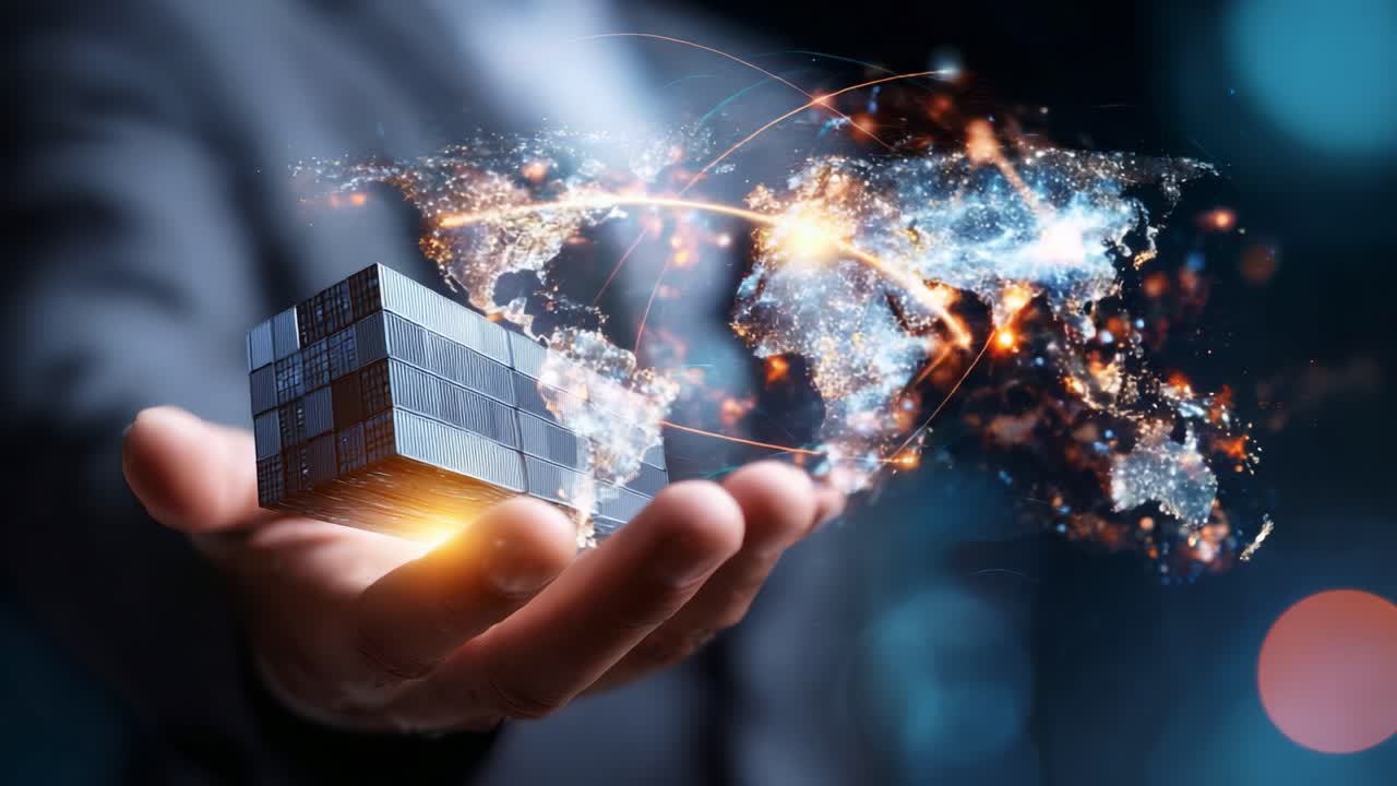 A Glimpse into Global Trade: A Hand Holding a Container with a Digital Representation of the World, Symbolizing Connection and Logistics in Modern Commerce