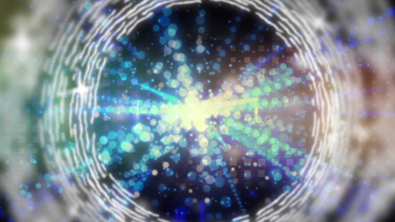 анимация вращающихся белых колец над сверкающими звездами и светящимися световыми лучами