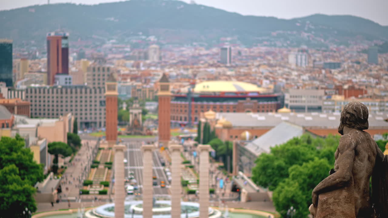 The National Palace statue with view of Barcelona on the background, Spain. Cloudy weather