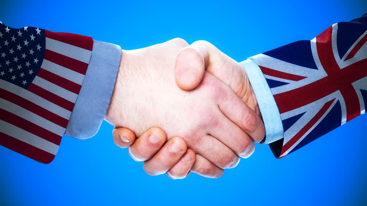 estados unidos - reino unido apretón de manos concepto de animación sobre países y política con matt channel