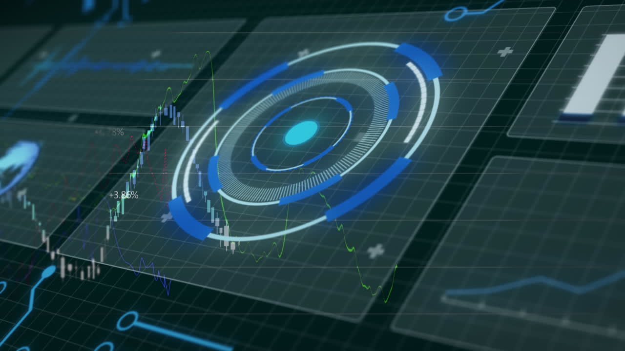 Animation of hud screens with radar and multiple graphs moving on grid background
