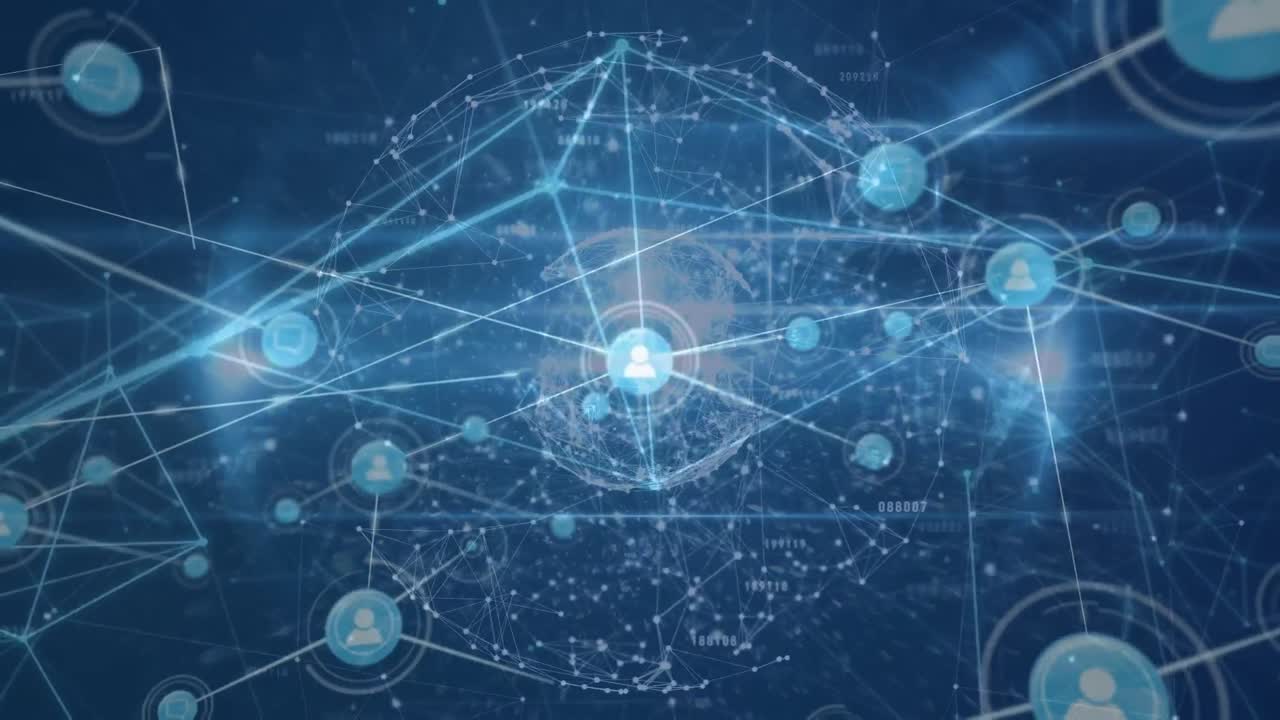 파란색 배경에 아이콘과 지구공을 가진 연결 네트워크의 애니메이션