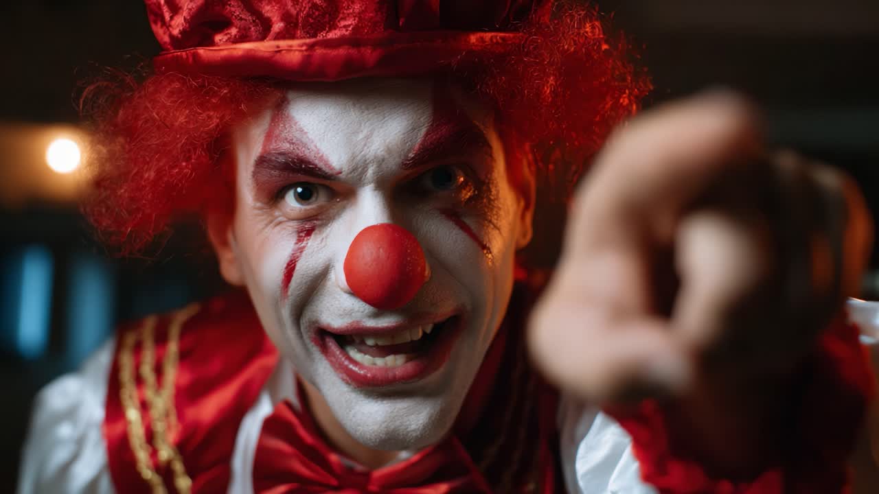 En dynamisk klovn, der interagerer med publikum, viser et intenst udtryk og farverigt kostume med rødt hår og klassisk makeup, der fanger opmærksomheden med entusiasme