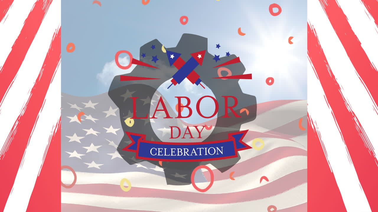 미국 국기 위에 있는 노동절 축하 텍스트의 애니메이션