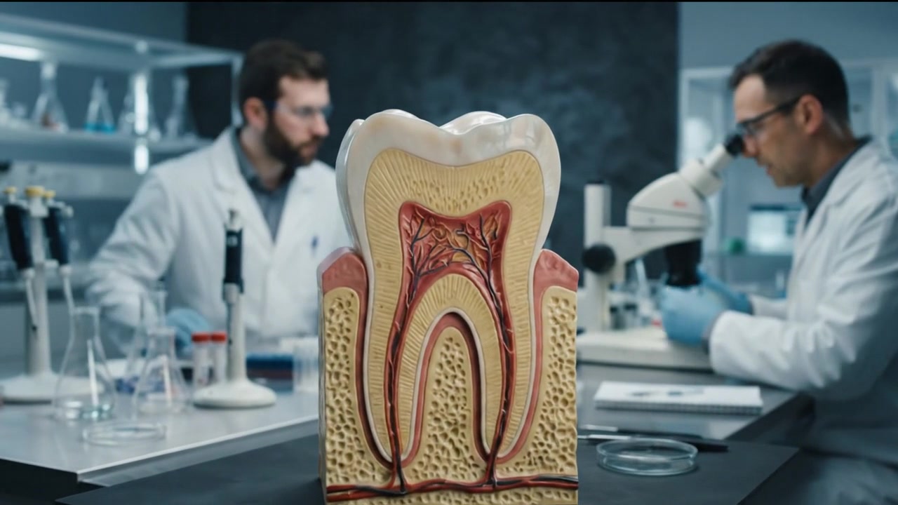 Large tooth anatomy model displayed on a clinical laboratory table in a professional healthcare setting