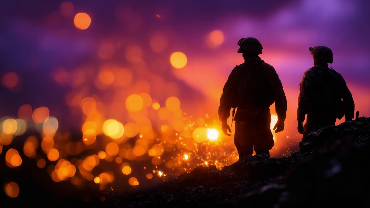 Silhouetted Soldiers Stand Against a Fiery Sunset Backdrop, Symbolizing Courage and Resilience Amidst Chaos and Strife, Evoking Themes of Duty, Sacrifice, and Teamwork in a Dramatic Atmosphere