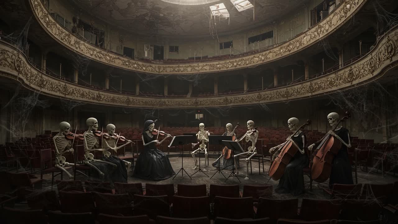 A Ghostly Ensemble in an Abandoned Theatre: Skeleton Musicians Performing in a Hauntingly Beautiful Setting, Surrounded by Dust and Cobwebs
