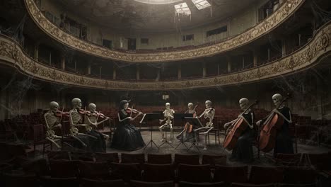 a ghostly ensemble in an abandoned theatre: skeleton musicians performing in a hauntingly beautiful setting, surrounded by dust and cobwebs