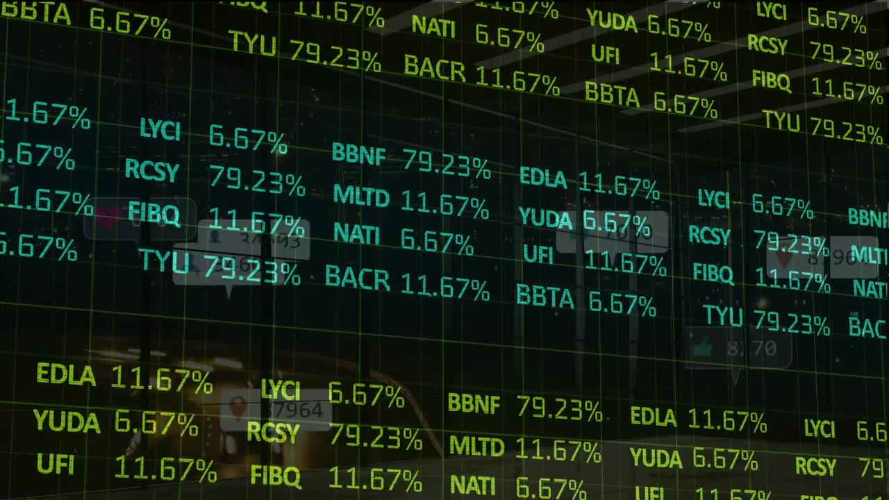 Animazione del mercato azionario e icone multimediali su sfondo nero