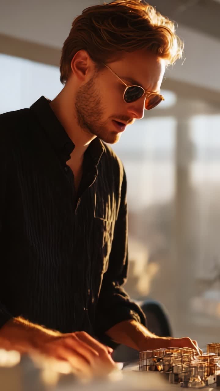 Una persona concentrata con occhiali da sole è totalmente immersa in un compito complesso, mostrando concentrazione ed eleganza con un'elegante camicia nera in un ambiente leggermente illuminato