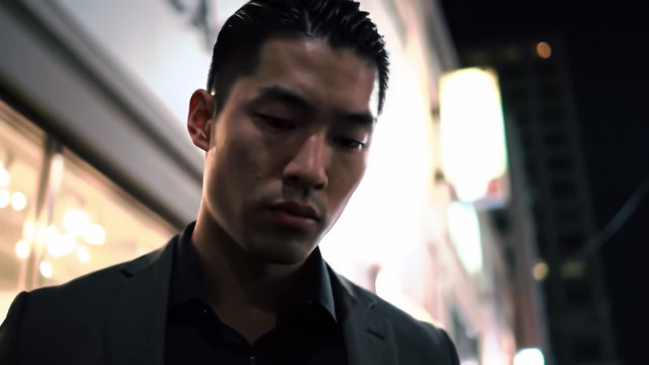 A Contemplative Moment: A Man in Evening Attire Reflects Solemnly in the City Streets, Surrounded by Urban Lights and Shadows in a Nighttime Setting