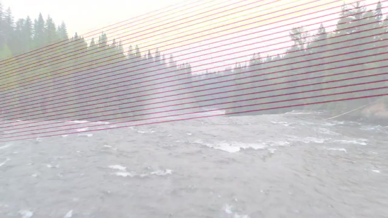 River rushing over downstream drop, producing spray and scan-line overlay, supporting research