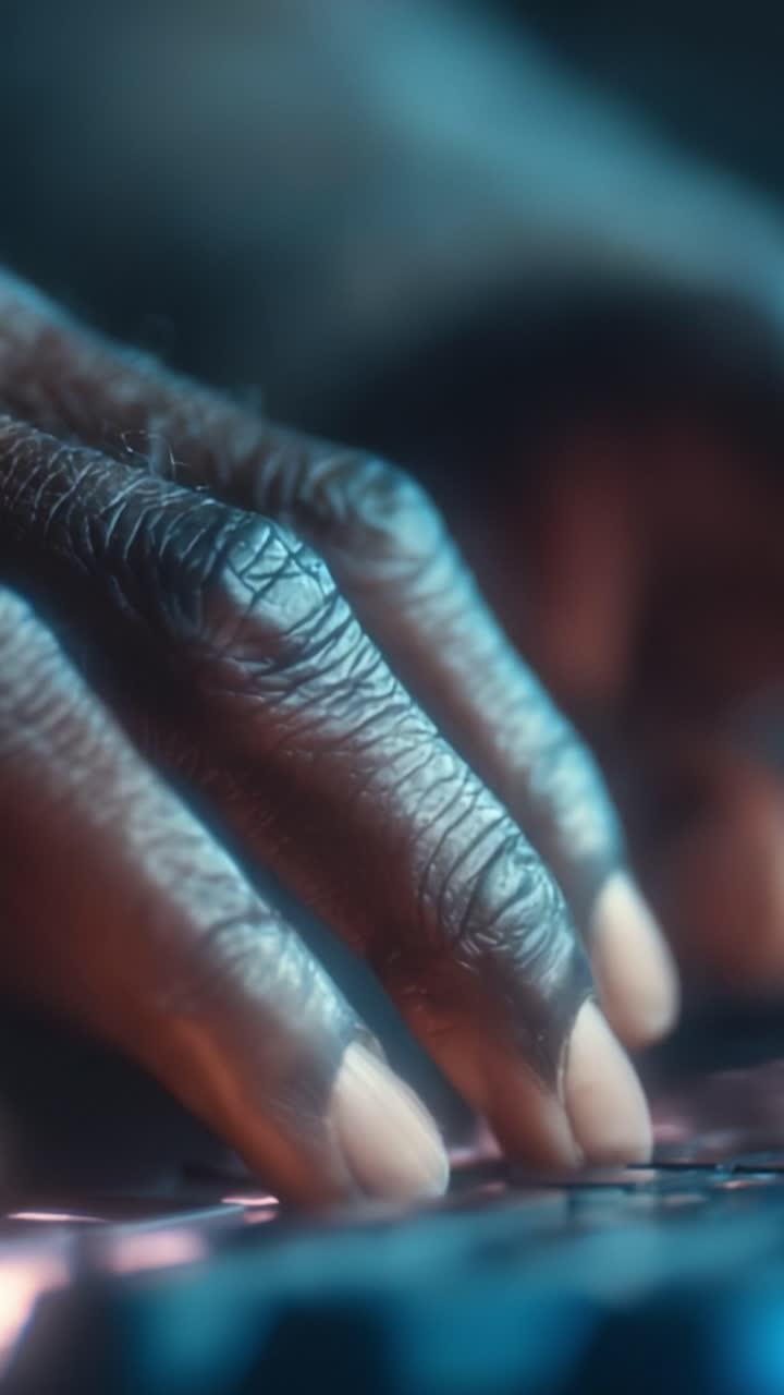 Vue rapprochée d’une main tapant sur un clavier, capturant les détails subtils de la texture de la peau et du mouvement dans un environnement légèrement éclairé