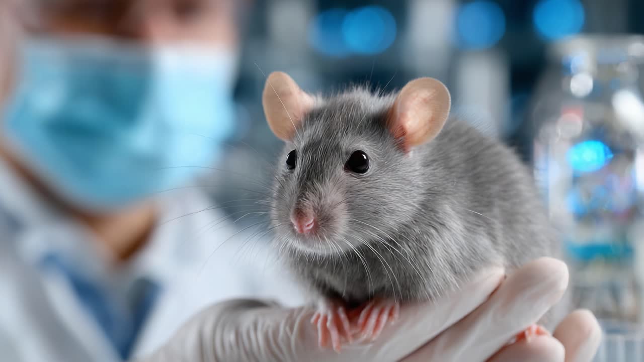 Close-Up of a Grey Laboratory Mouse in a Researcher's Hand, Highlighting the Animal's Features and the Sterile Environment in a Scientific Setting