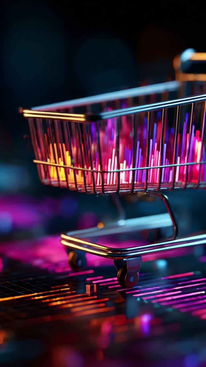 A Vibrant Shopping Cart Filled with Colorful Neon Sticks Against a Dark Background, Creating a Dynamic and Striking Visual Experience for the Viewer