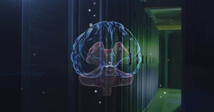 Digital Human Brain Model Rotating in Data Center Server Room