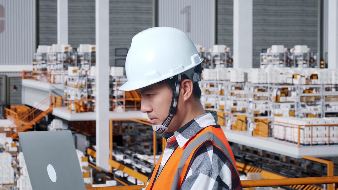 倉庫の作業員がノートパソコンを使っている