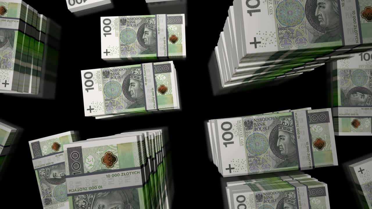 폴란드 슬로티 (polish zloty) 를 날아다니는 돈, 지폐, 루프 애니메이션
