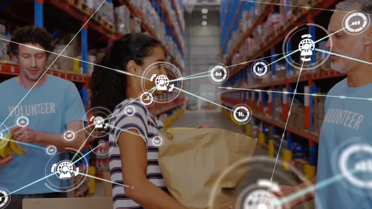 창고에서 일하는 다양한 자원봉사자들에 대한 아이콘과의 연결 네트워크의 활성화