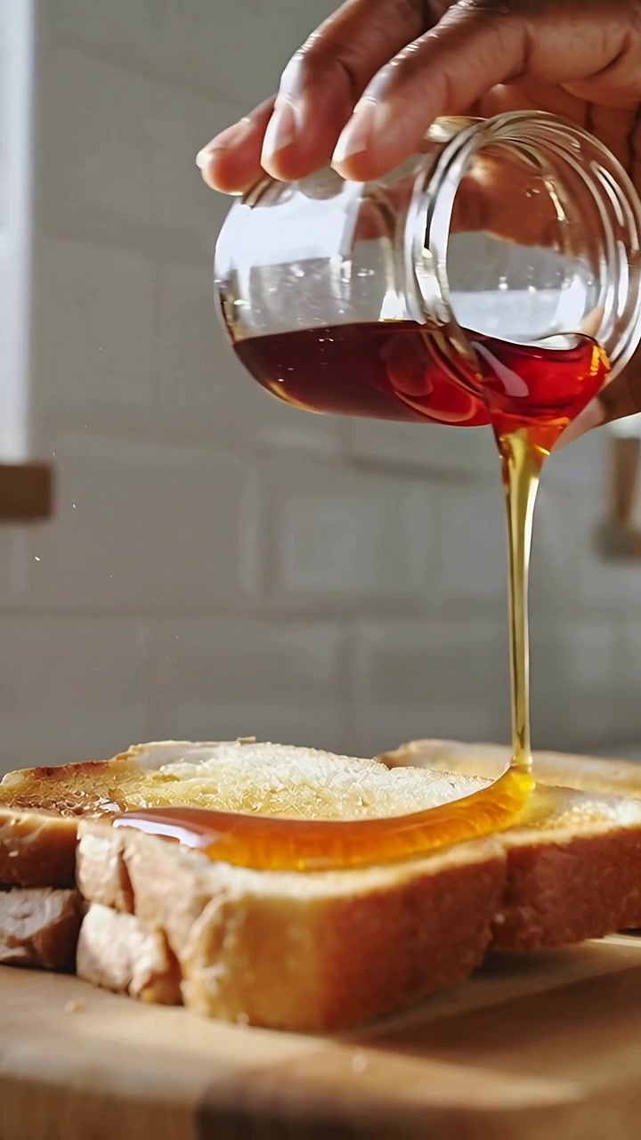 Video verticale: Mano che inclina un barattolo per versare, sciroppo che cola su toast imburrato su un tagliere per la colazione