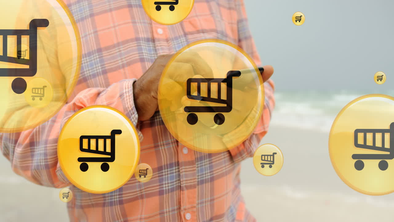 해변에서 스마트폰을 사용하는 두 인종의 여성의 중간 부분에 대한 애니메이션