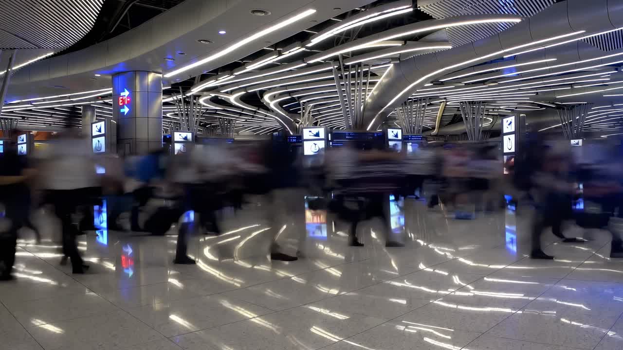 Busy airport terminal featuring anonymous travelers moving through luminous, futuristic space with glowing information displays, embodying modern transit movement and transient stillness