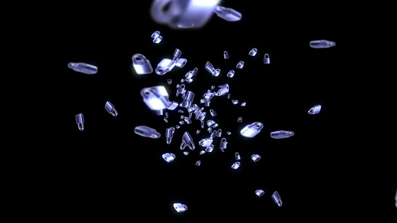 검은색 배경에 많은 은색 패들록을 날리는 보안 또는 비밀 보호 개념, 회전하는 패들록의 3d 애니메이션, 루프 애니메이션.