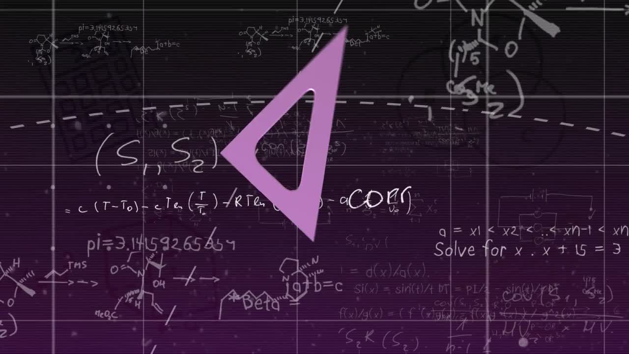 анимация фиолетовой линейки, вращающейся над математическими уравнениями на фиолетовом фоне