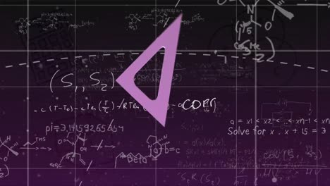 animación de una regla púrpura que gira sobre ecuaciones matemáticas sobre un fondo púrpura
