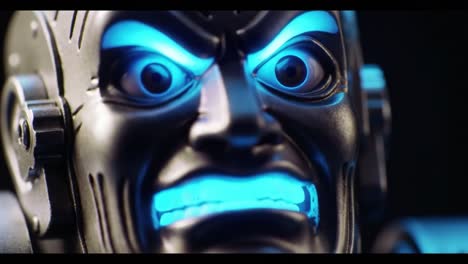 a robotic face is shown in close-up, featuring glowing blue eyes and mouth. the intricate details of its metallic surface enhance a sense of both fascination and eeriness, showcasing advanced design.
