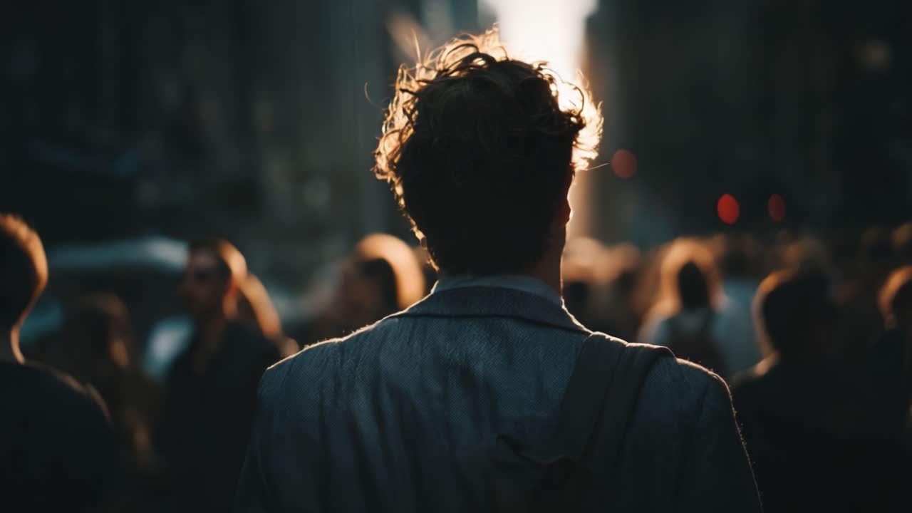 Een eenzame figuur staat te midden van een drukke menigte terwijl de zon ondergaat, een warme gloed over de scène werpt en een moment van bezinning creëert in het stedelijke landschap.