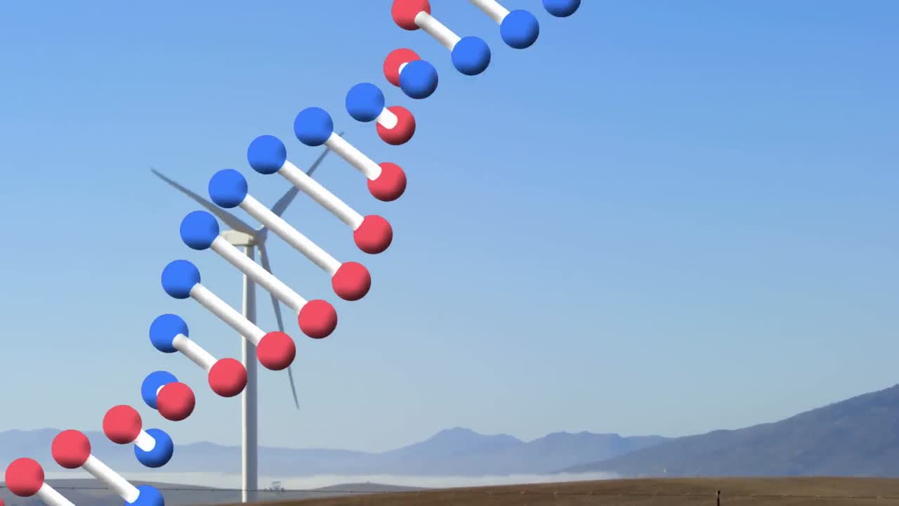 시골의 풍력 터빈 위에서 회전하는 dna 가닥의 애니메이션