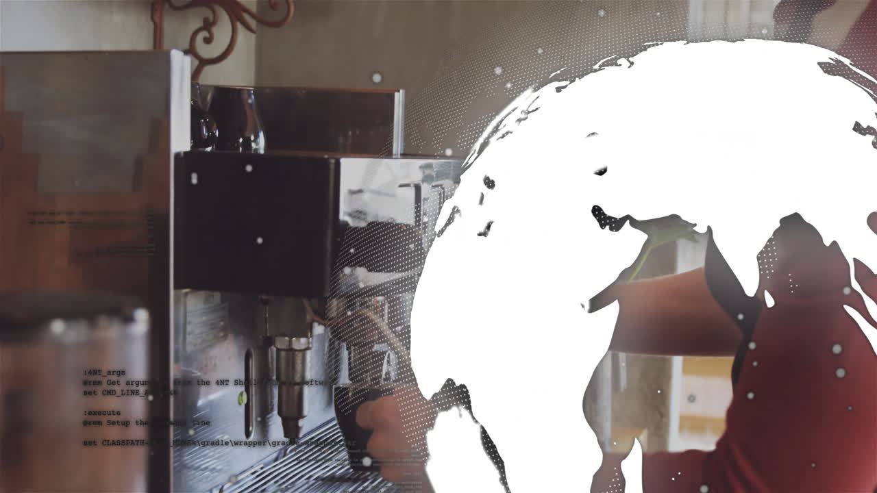 Barista accionando la palanca de la máquina de espresso detrás del mostrador, con un globo de temática tecnológica y código superpuestos.