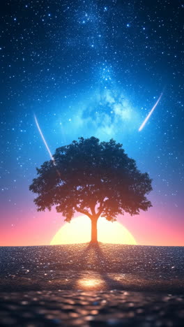 serene tree under a starry sky at dusk. a majestic tree stands silhouetted against a vibrant sunset and a twinkling starry sky, evoking tranquility.