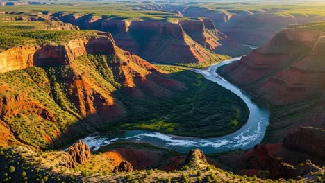 Breathtaking Aerial View of a Winding River Cutting Through Rocky Canyons Surrounded by Lush Greenery and Majestic Cliffs Under a Clear Blue Sky