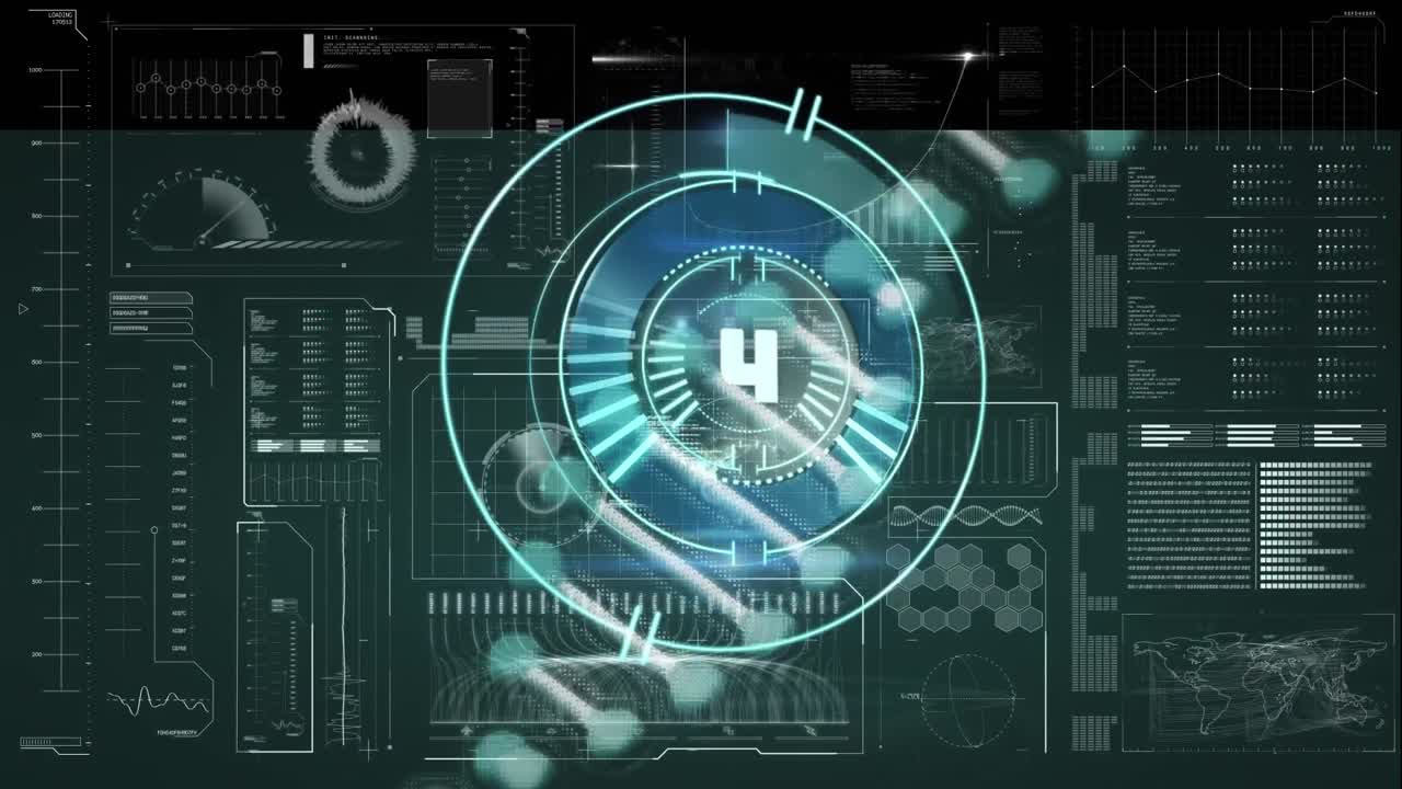 Animation of scope scanning and dna strand spinning with data processing on screen