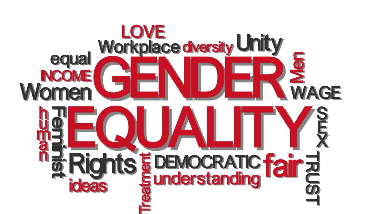 Gender equality typography word cloud with relevant buzzwords red