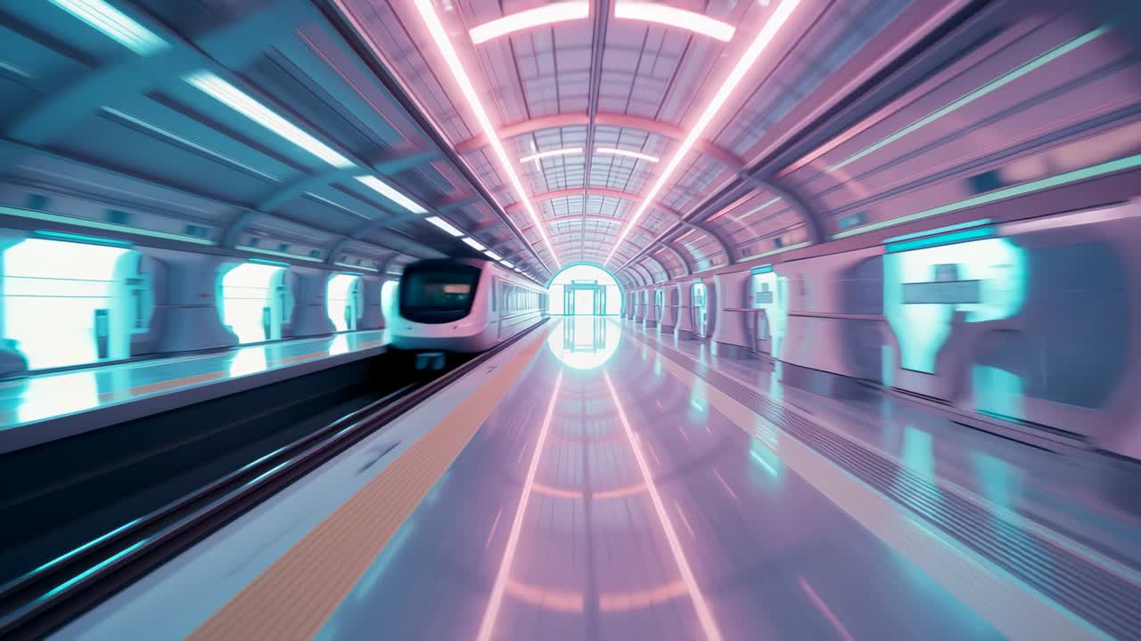 Entering LED-lit platform, commuter train accelerating to continue route, tunnel portal, copy space