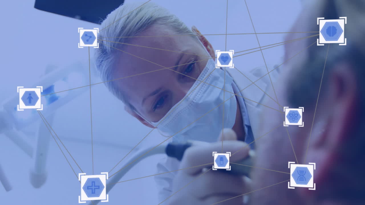 Medical professional examining patient, connected healthcare icons over animation