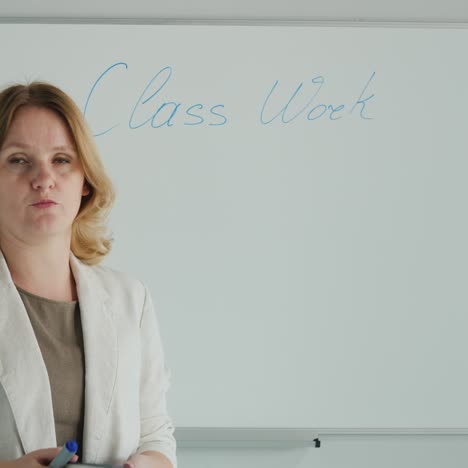 teacher leads lesson at the board looks into the camera