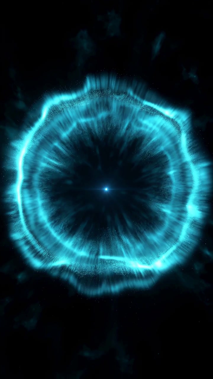 Bright cyan circular light formation grows and pulses on black background, creating expanding wave patterns with radiant edges, soft glow, layered motion, and minimal abstract digital appearance.