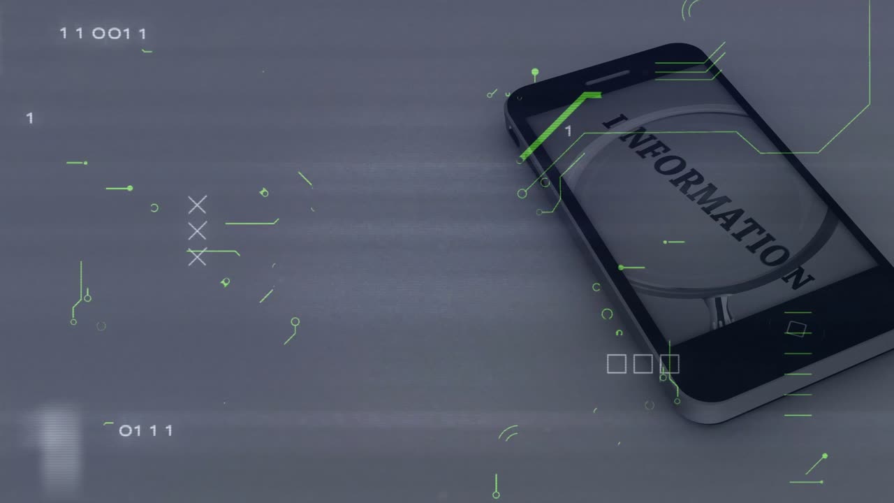 Apertura con lente che ingrandisce INFORMAZIONI su smartphone, circuiti scorrevoli e codice che visualizza i dati.