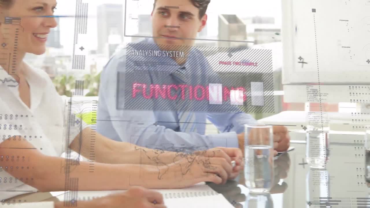 animación de estadísticas y procesamiento de datos financieros durante reuniones de negocios