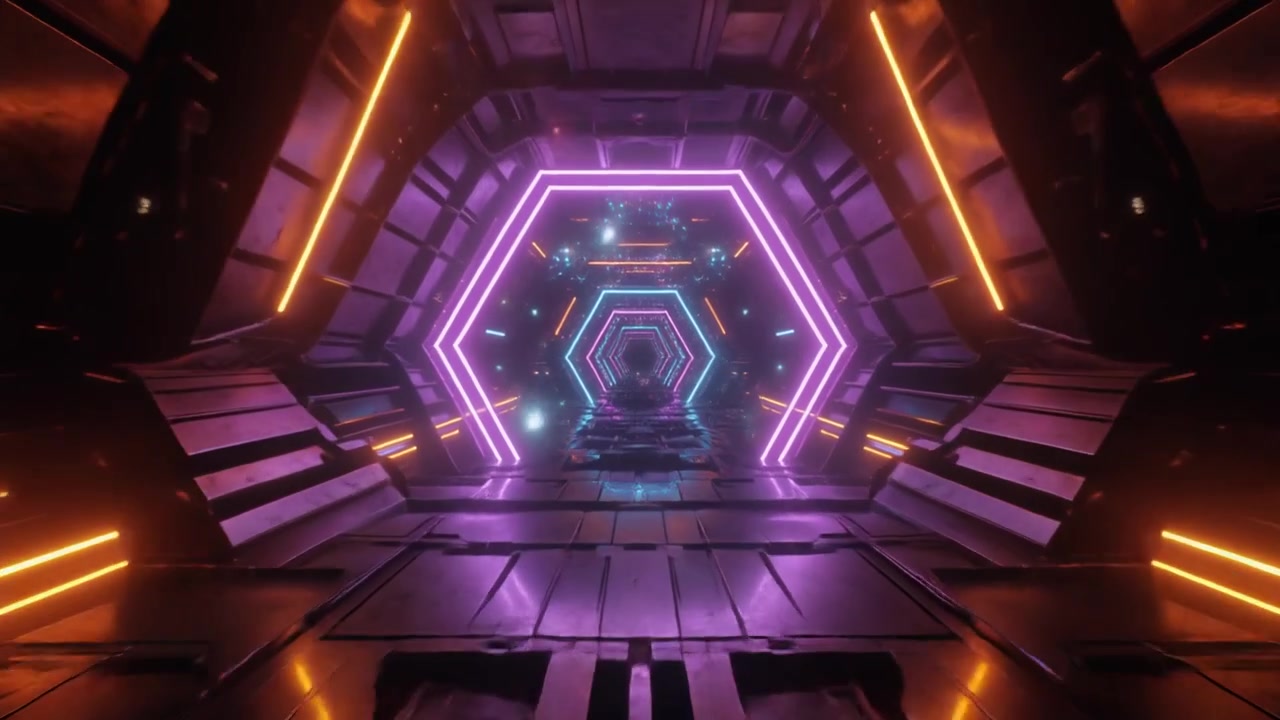 Tunnel fantascientifico futuristico con luci esagonali luminose al neon