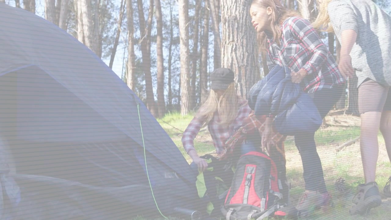 Camp crew arriving campsite unpacking red pack and blue bedrolls by tent, overlays guiding setup