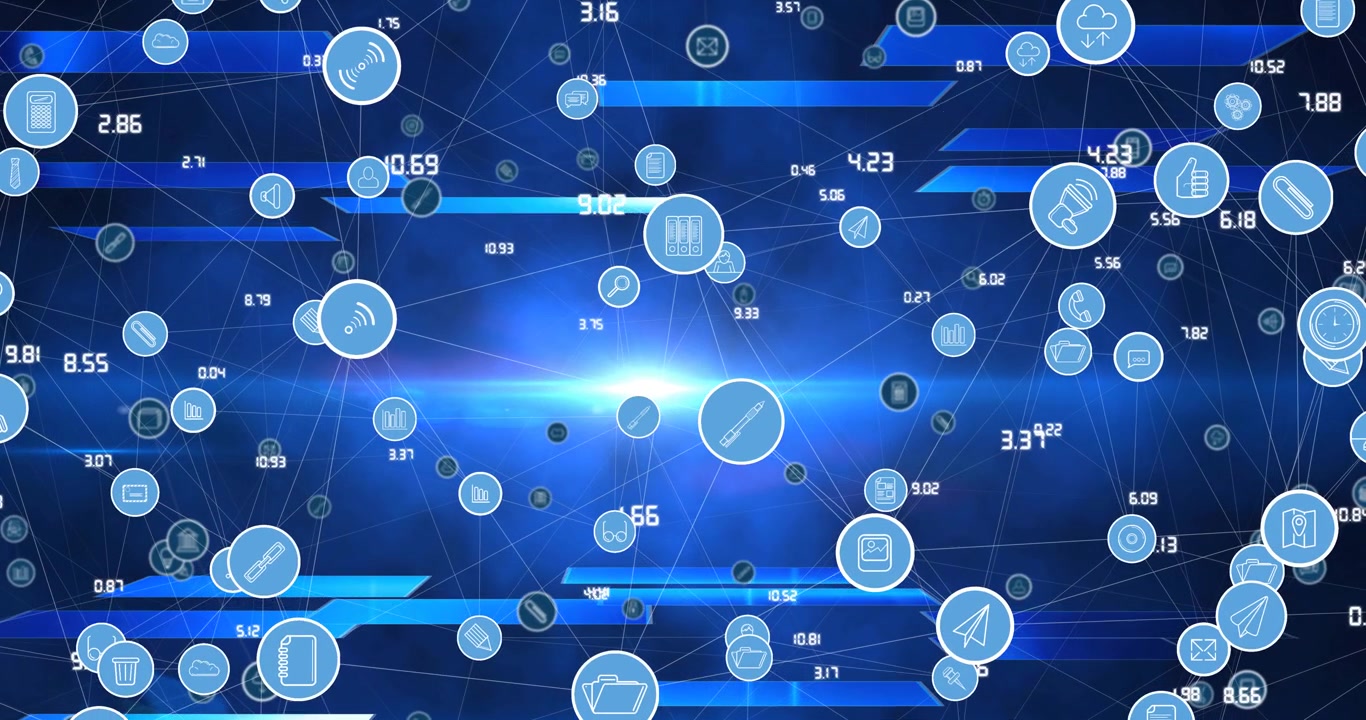 Animation of network of connections with digital icons on blue background