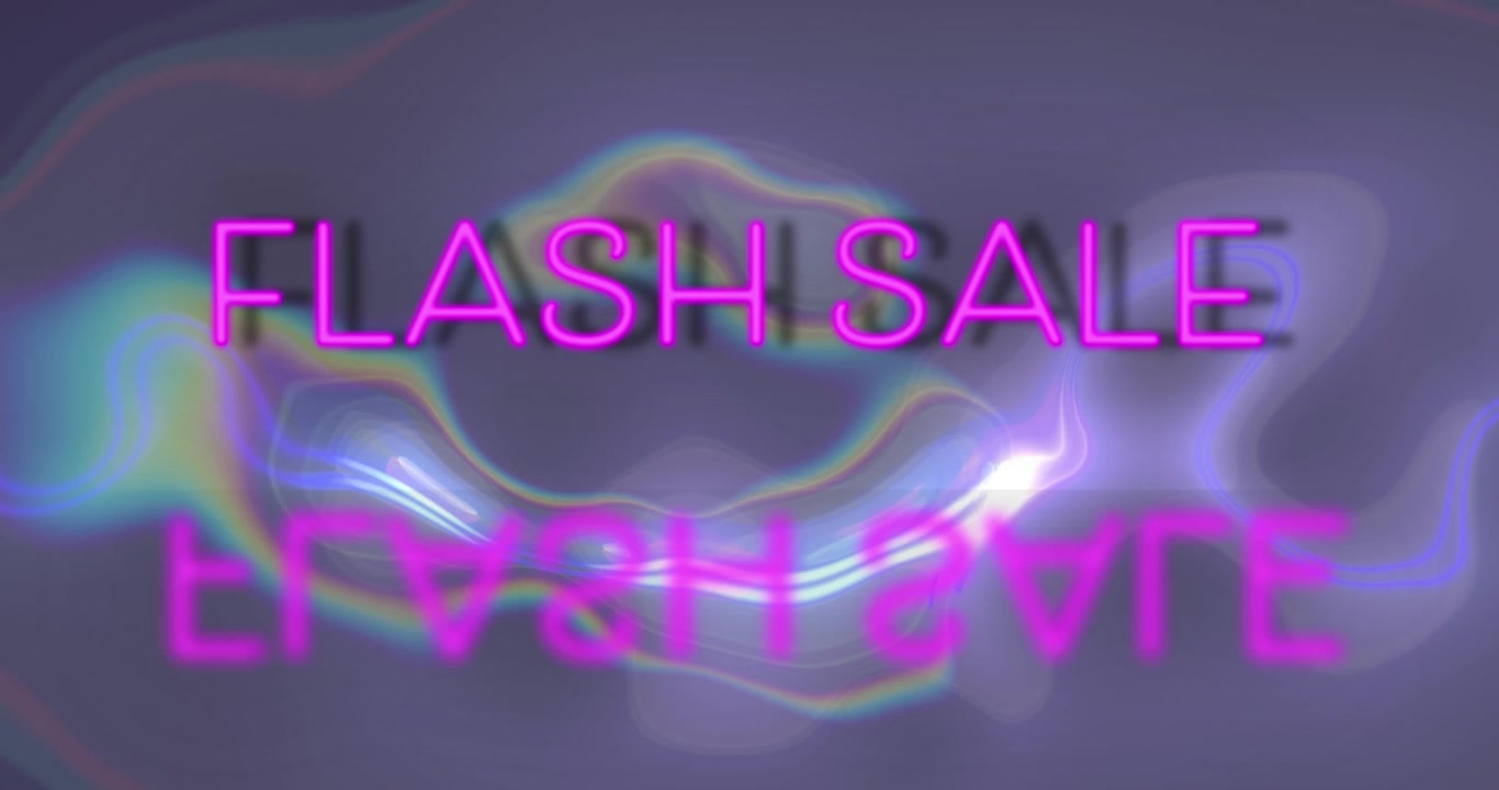 Animazione della scritta "flash sale" su uno sfondo viola liquido.