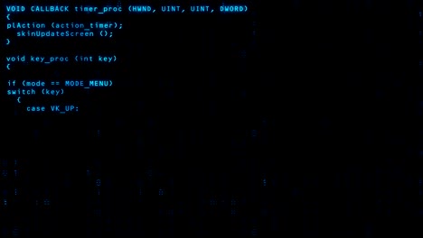 Programming code running down a old computer screen terminal with binary background . 4k loop
